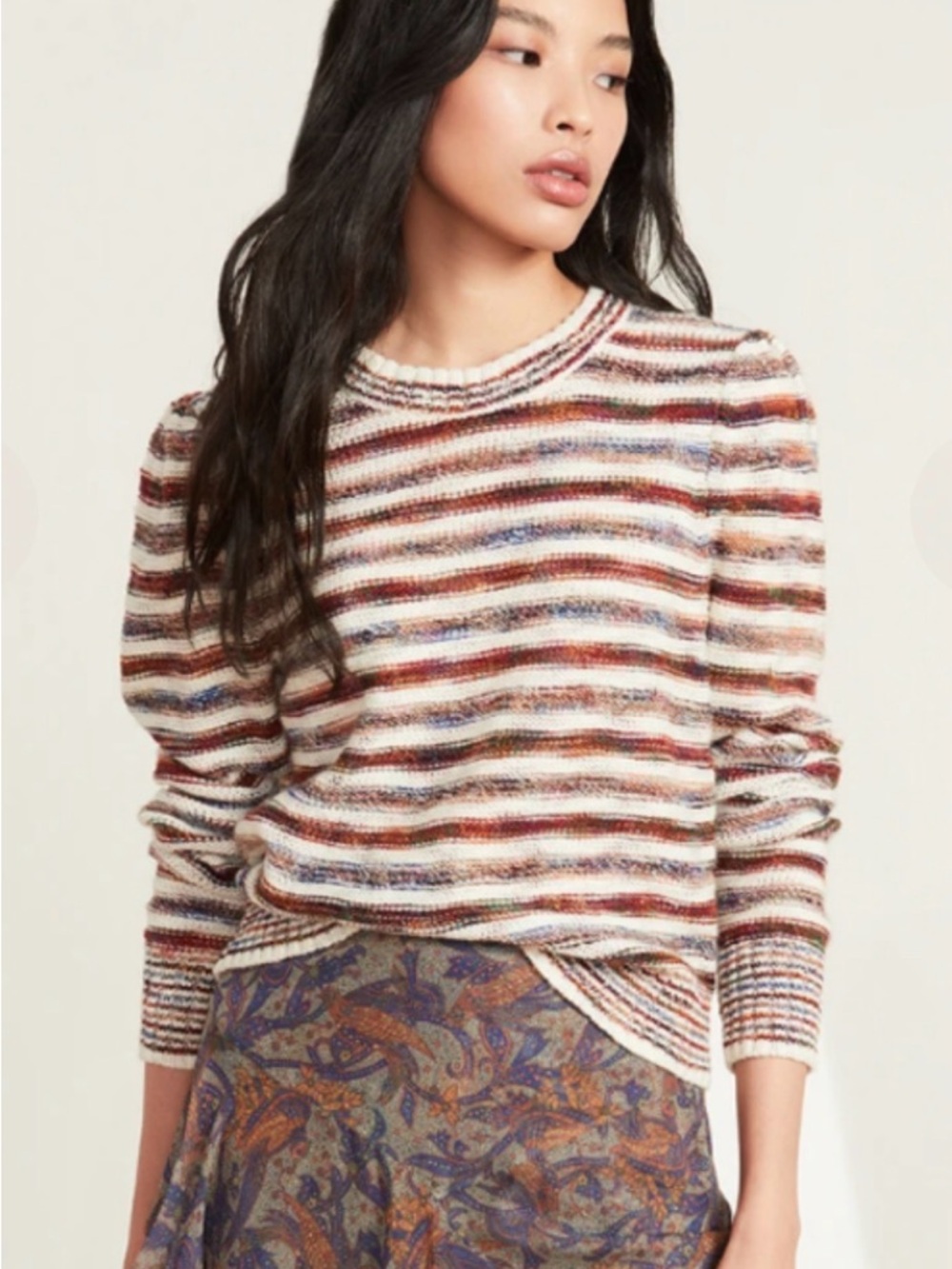 Veronica Beard Raissa Boho Space Dye Striped Puff Shoulder Wool Blend Sweater M